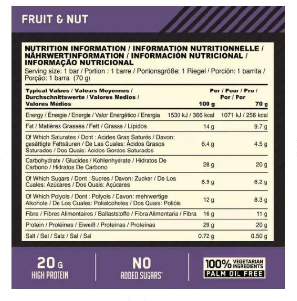 OPTIMUM NUTRITION FRUIT & NUT PROTEIN CRISP BAR 70G_таблица OPTIMUM NUTRITION FRUIT & NUT PROTEIN CRISP BAR 70G_таблица